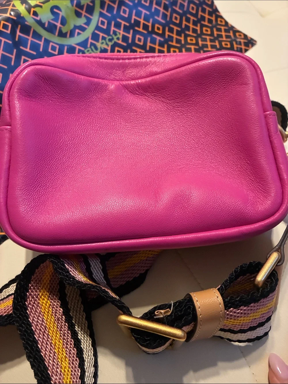 Tory Burch Fuchsia Embossed Leather Crossbody with Striped Web Strap